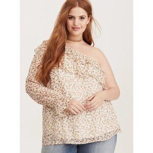 Torrid Blouse Cream Floral Gold Floral One Shoulder Ruffle Chiffon Top Sz 0 (XL)